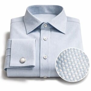 Luxury Light Blue Textured French Cuff Dress Shirt Super 120 Cotton Basket Weave